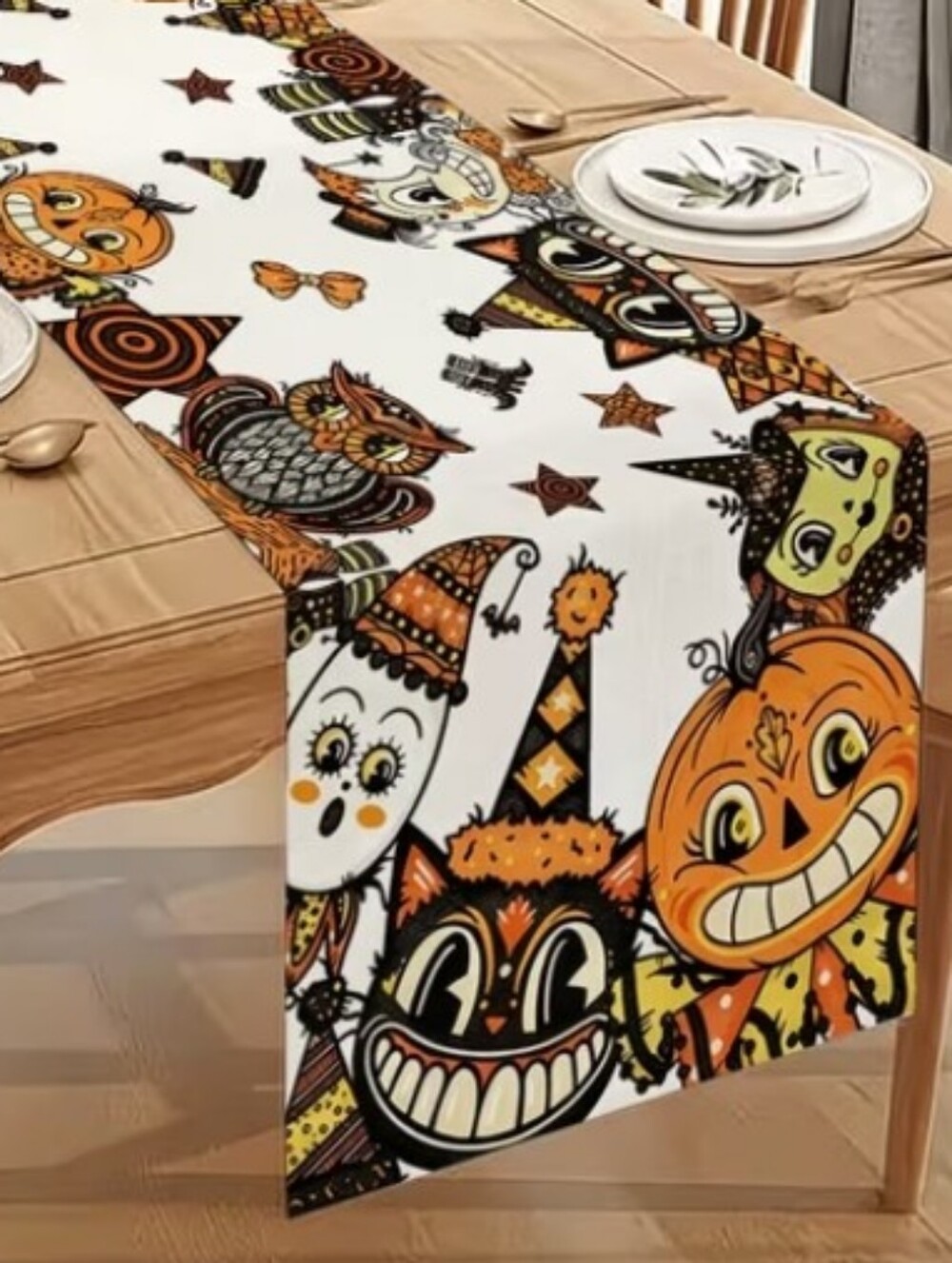Halloween Pumpkin and Owl Table Runner - White/Orange 13x35.5